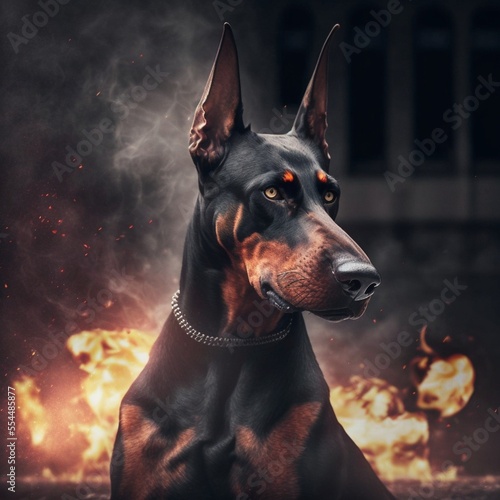 Doberman dog on the background of fire and explosions. Generative AI
