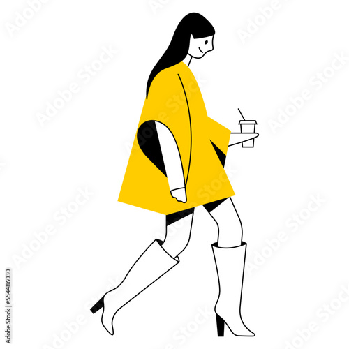 vector flat design trendy linear image beautiful stylish woman in autumn or winter warm clothes walking down the street. street style, fashion. useful for web, graphic design, print, card, poster