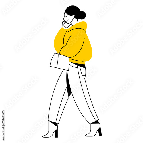 vector flat design trendy linear image beautiful stylish woman in autumn or winter warm clothes walking down the street. street style, fashion. useful for web, graphic design, print, card, poster
