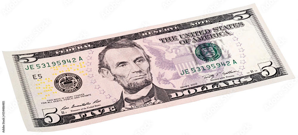 Five U.S. dollar banknote isolated end stacked on white background. Made at an angle. Perfect content with money to create business concepts, economic and financial news.
