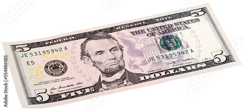 Five U.S. dollar banknote isolated end stacked on white background. Made at an angle. Perfect content with money to create business concepts, economic and financial news. photo