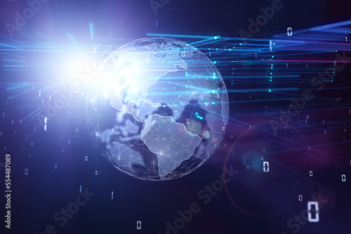 Shining digital technology cyberspace network with earth globe and binary code data illustration background.