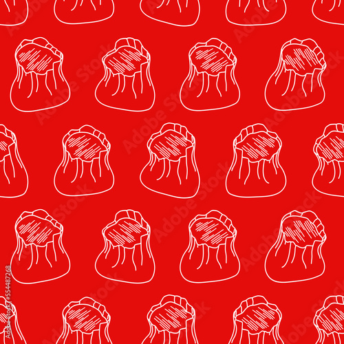 Seamless pattern with shumai doodle dumplings vector illustration. Siu mai dim sum Traditional Chinese steamed open steamed dumplings. For packaging decoration 