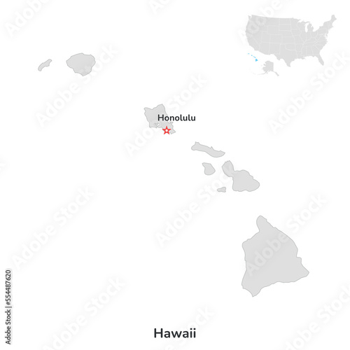 US American State of Hawaii. USA state of Hawaiin islands county map outline on white background.