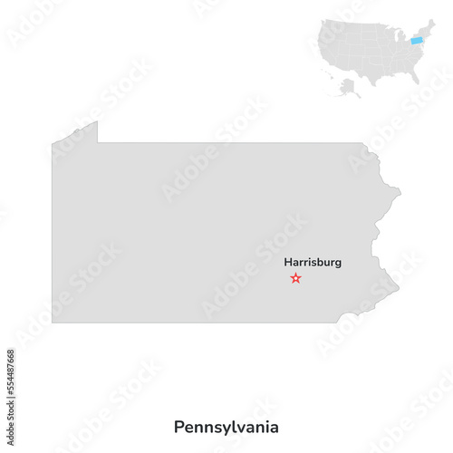 US American State of Pennsylvania. USA state of Pennsylvania county map outline on white background.