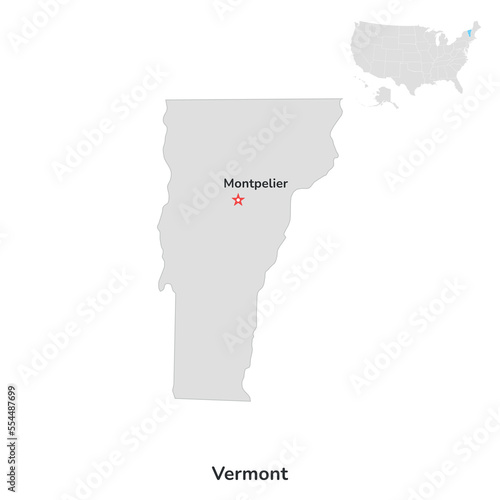 US American State of Vermont. USA state of Vermont county map outline on white background.