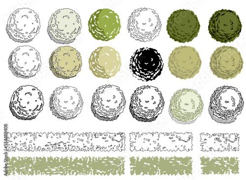 Hand-drawn planting parts perfect for architectural drawings, sections, elevations, floor plans, post-digital drawings, architectural collages, 3D views and renderings