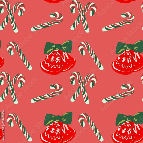 Winter seamless pattern with bells, candy canes.