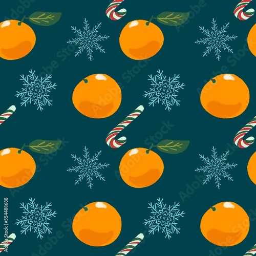 Winter seamless pattern with oranges, snowflakes, candy canes.