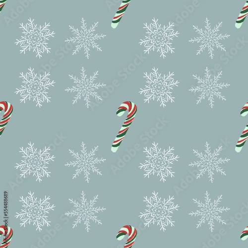Winter seamless pattern with snowflakes, candy canes.