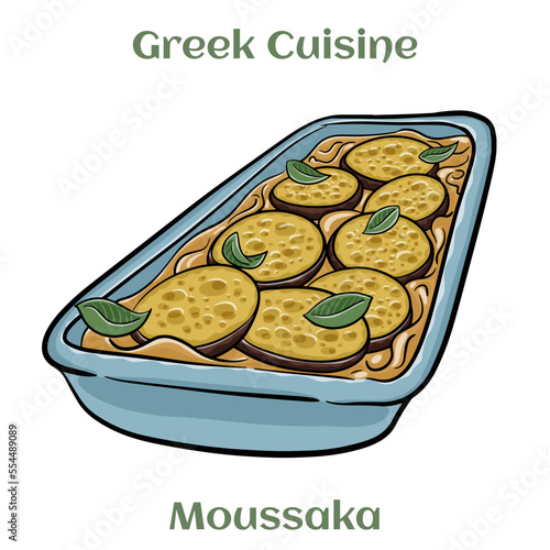 Traditional greek moussaka on white background. Isolated vector illustration.