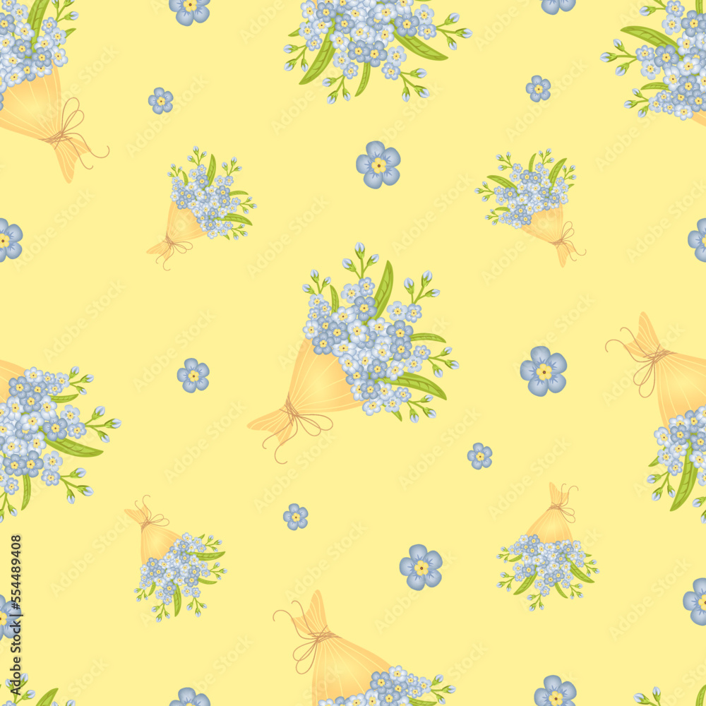 Seamless pattern with bouquet of forget me not flowers on yellow background.