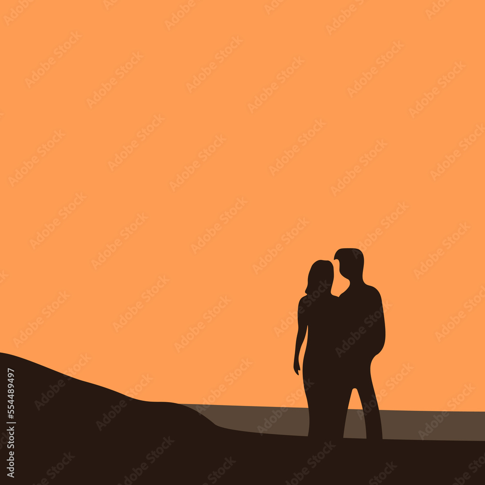 Silhouette of a lovely couple standing on the beach and watching sunset