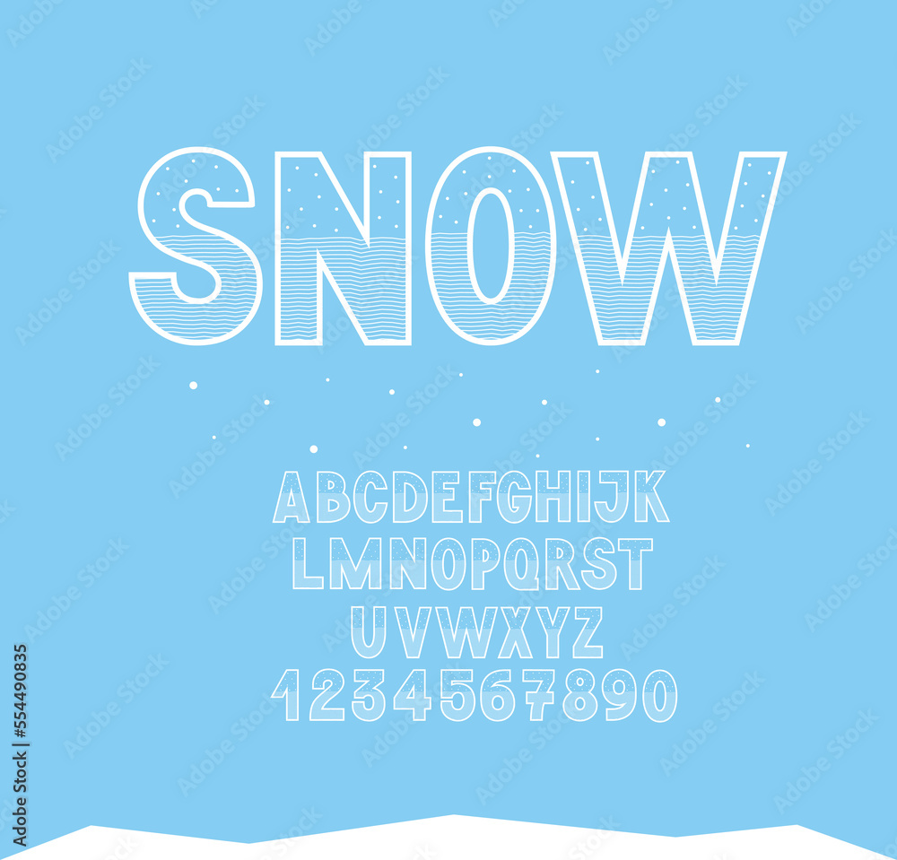 Snowy font. Winter kids alphabet. New Year typography.