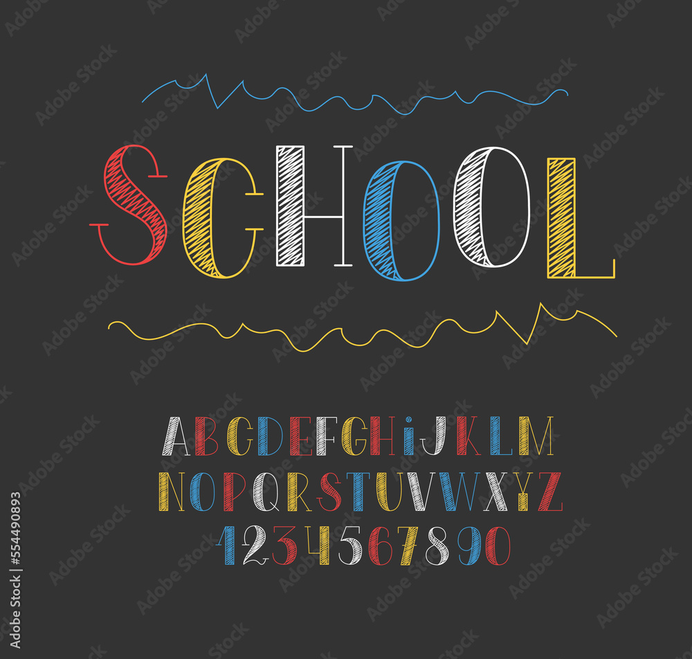 School kids font. Chalk english letters and numbers from 0 to 9