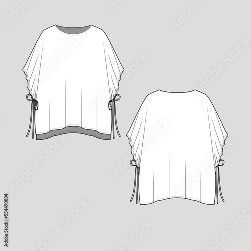 Knotted Sleeve Hem Poncho top knot tie kimono sleeve high low dip hem Fashion technical drawing flat sketch design template