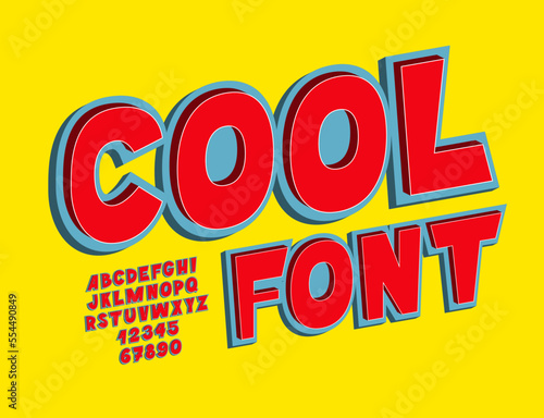 Cool 3d font. Funny isometric letters and numbers. English alphabet in funky style.