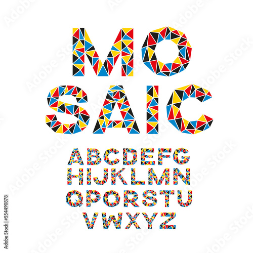 Vector colorful mosaic font. Creative english letters made of triangles.