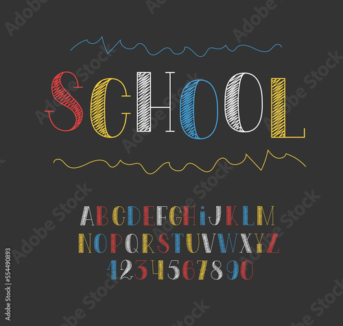 School kids font. Chalk english letters and numbers from 0 to 9. Kindergarten alphabet.