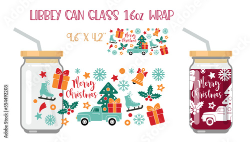 Printable Full wrap for libby class can. A pattern with Christmas symbols and farm truck