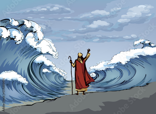 Moses with the staff at the sea. Vector drawing