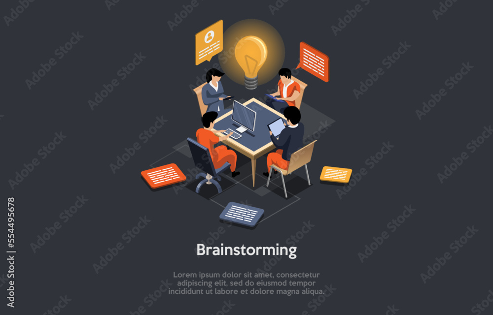 Concept Of Brainstorming, Effective Meeting Discussion And Creative Teamwork. Team Members Are Working On New Project. People Working Together And Discover Solution. Isometric 3d Vector Illustration Concept Of Brainstorming, Effective Meeting Discussion And Creative Teamwork. Team Members Are Working On New Project. People Working Together And Discover Solution. Isometric 3d Vector Illustration