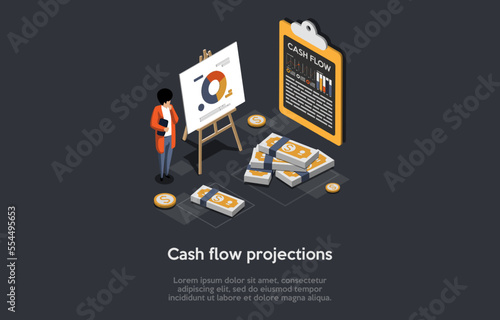 Concept Of Personal Cash Flow Projections. Man Financial Analyst Standing Near Table For Presentation With Chart. Male Character Making Financial Forecasts. Isometric 3d Cartoon Vector Illustration