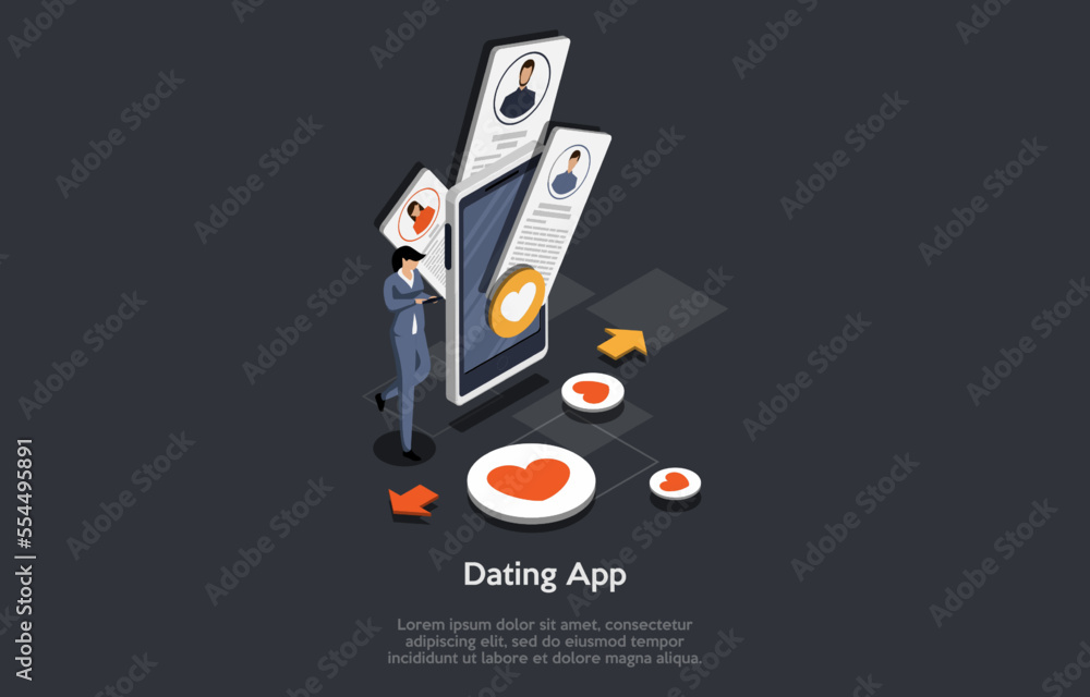 Obraz premium Dating App, Relationship Between Man And Woman. Boy And Girl Find Each Other Questionnaire Form In Online Application, For Date, Communication, Virtual Love. Isometric 3d Cartoon Vector Illustration
