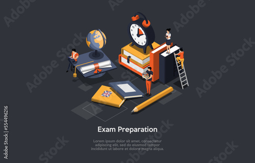 Education, Graduation Concept. Students Have Test Or Exam Preparations. Collective Distance Learning, Online Courses, Education, Questionnaire Form, Online Education. Isometric 3D Vector Illustration