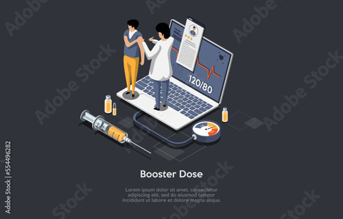 Concept Of Vaccination, Healthcare And Medicine. Syringe and Needle, Laptop With Heart Rate Chart. Woman Doctor Making Booster Dose Vaccine To Man Patient. Isometric 3d Cartoon Vector Illustration