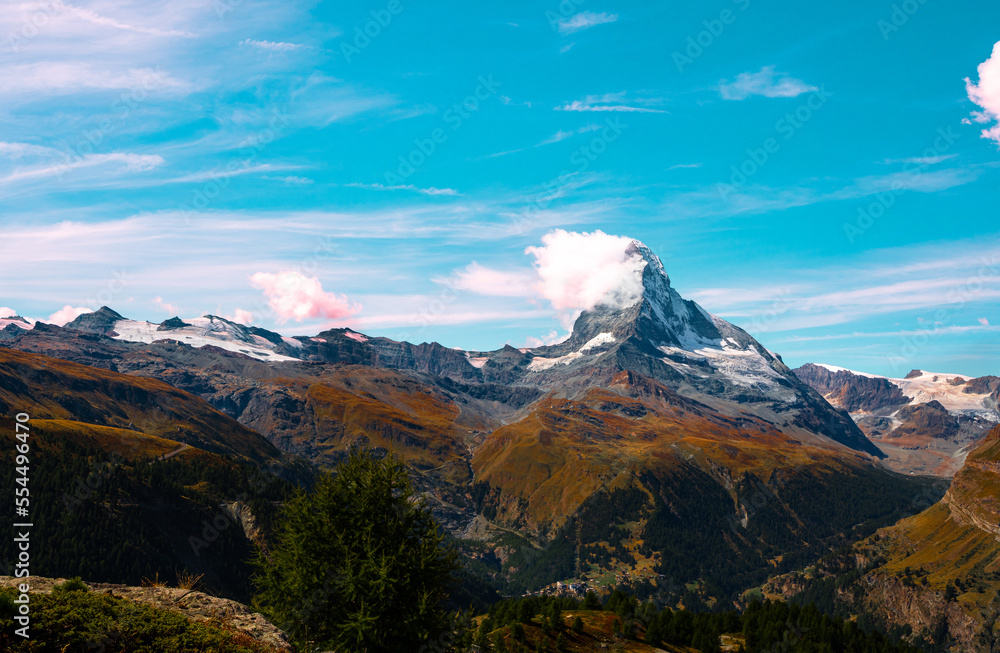 Zermatt Matterhorn with panoramic views in Sunnegga. Five lakes flowers trail. Hiking path.