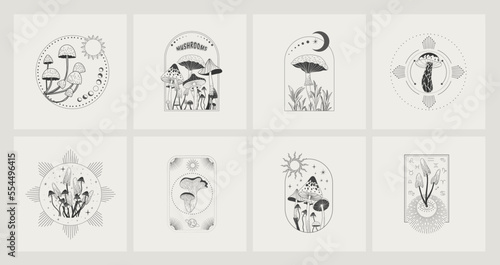 Set of logo with various mystical mushrooms. Hippie magic boho cards. Psychedelic vector illustration. Magic and boho texture. Hand drawn style