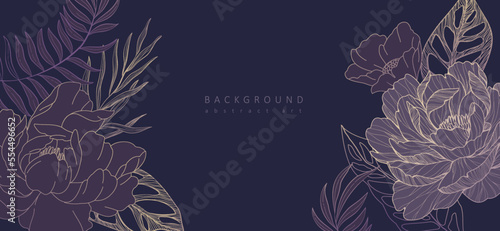 Botanical line bakground with flowers and leaves. Floral foliage for wedding invitation, wall art or card template. Vector illustration. Luxury rustic trendy art
