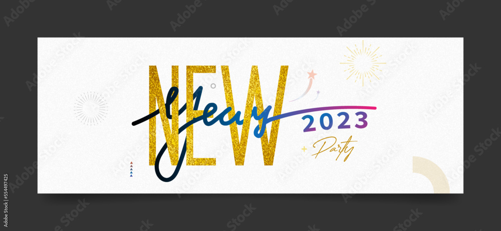 Naklejka premium New year 2023 party banner template with gold text and white background