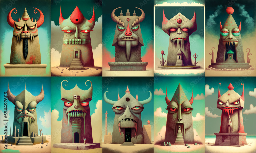 Set of temples for computer games, creepy statues, scary monsters, sacred animals, vintage style