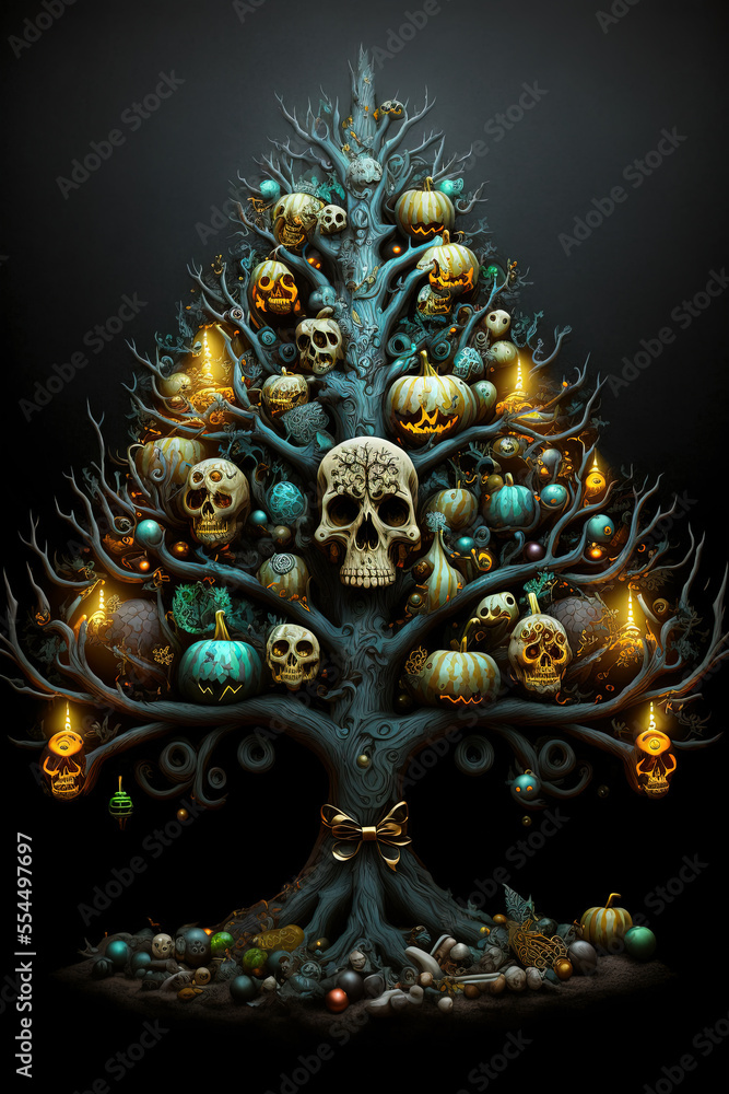 Árbol de Navidad con adornos de Halloween, Generado con Inteligencia Artificial.  Generative AI 