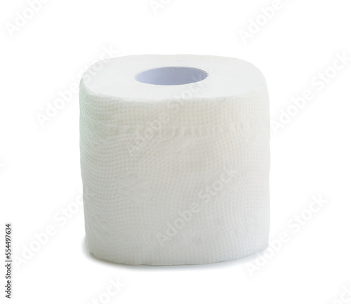 Single roll of white tissue paper or napkin prepared for use in toilet or restroom isolated on white background with clipping path in png file format
