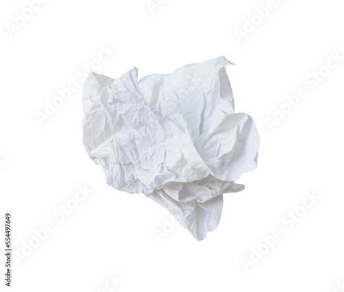 Single screwed or crumpled tissue paper or napkin in strange shape after use in toilet or restroom isolated on white background with clipping path in png file format