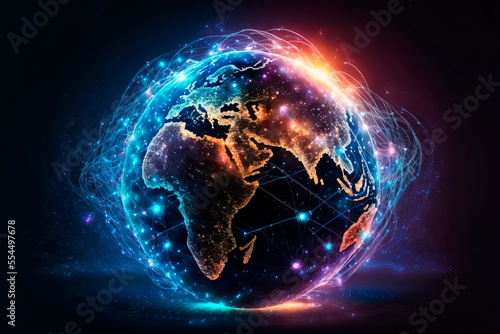 Global communication network around planet Earth in space . Global network connection covering the earth with lines of innovative perception .
