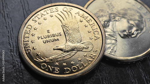 American coins closeup lie on dark surface of office table. Soaring eagle Sacagawea dollar coin. US economy and money. News about inflation and Fed rate. USA public debt and treasuries. US$. Macro photo