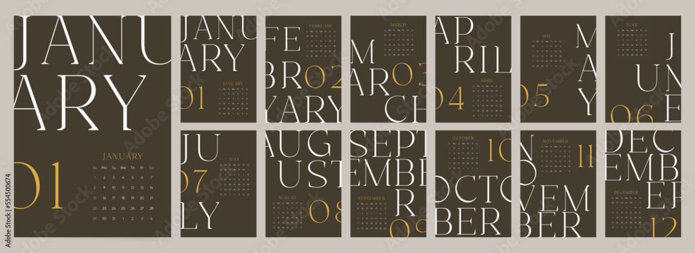 Boho elegant calendar template for 2023 year. A4 wall calendar design for 12 months. Unique monthly typography design. Vector editable decorative calendar design.  - obrazy, fototapety, plakaty 