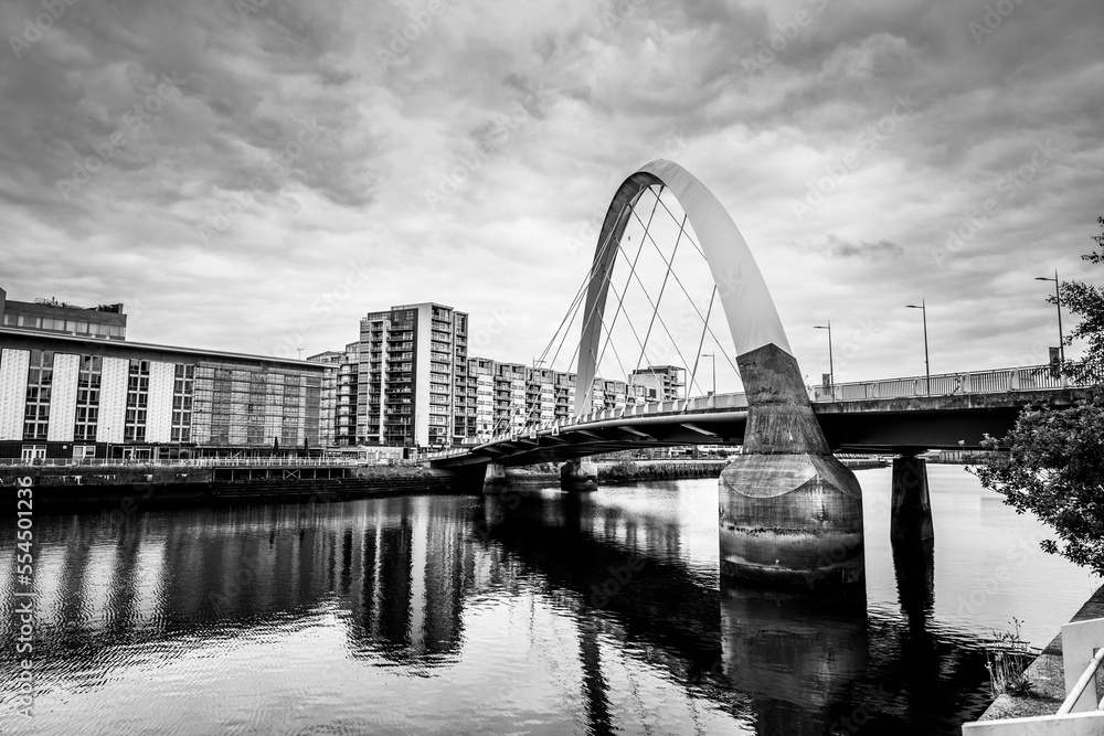 Black and white photo of suspension in bridge, Glasgow, Scotland Black and white photo of suspension in bridge, Glasgow, Scotland