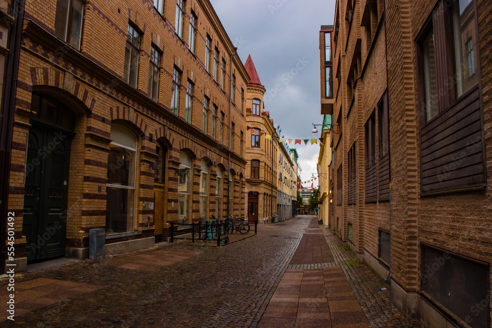 European City Street and Old Buildings, Canal in Gothenburg, Sweden
