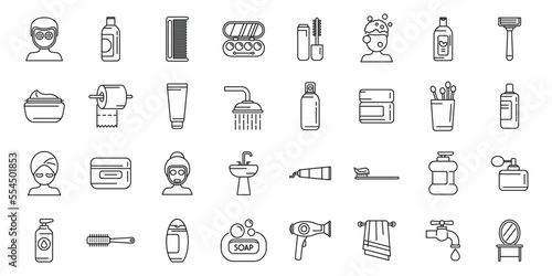 Morning treatments icons set outline vector. Care shave. Face skin