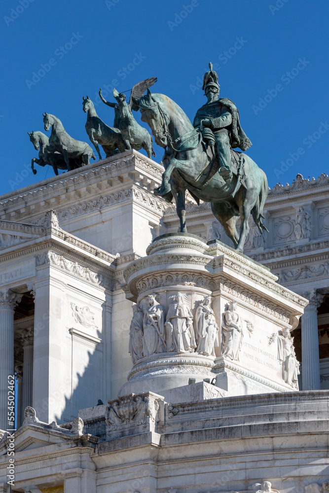 Victor Emmanuel II Monument on Venetian Square and The Quadriga of Unity at the top of Propylaea, Rome, Italy