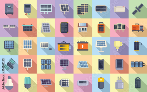 Solar panels icons set flat vector. Solar inverter. Energy battery