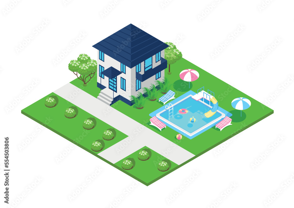 Small isometric house on a white background.Real estate sale and rent. Colorful image of a private house with a swimming pool.