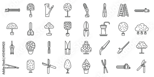 Tree trimming icons set outline vector. Chainsaw tree. Work forest