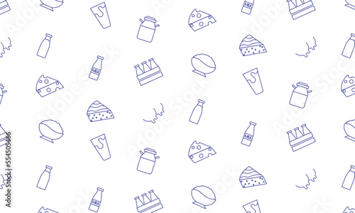 seamless pattern with  icons of dairy products. milk, milk can, cheese, kefir, cottage cheese, cow, udder minimal vector illustration. 