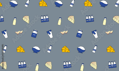 seamless pattern with colored icons of dairy products.  milk, milk can, cheese, kefir, cottage cheese, cow, udder minimal vector illustration. 